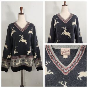 Vintage Woolrich Fair Isle Deer Stag Cabincore Alpine Grey Wool Patterned Cozy M